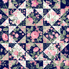 seamless patchwork pattern with roses - obrazy, fototapety, plakaty