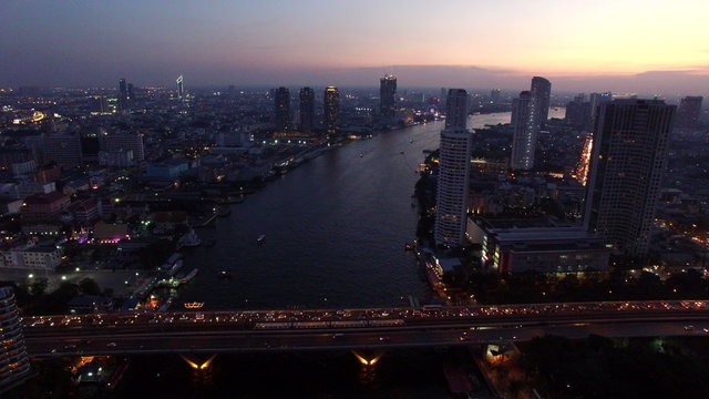 aerial view of dusky time over chaopraya river bangkok thailand