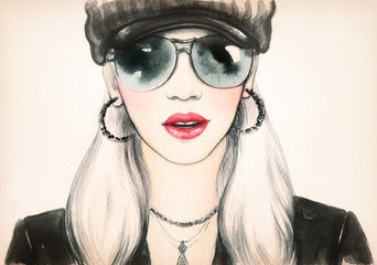 Young woman with glasses. watercolor fashion illustration  © Anna Ismagilova
