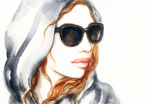 Young woman with glasses. watercolor fashion illustration 