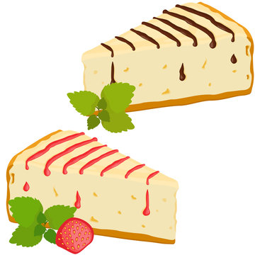 Cheesecakes Set. Cheesecake With Strawberry And Chocolate Vector Illustration.