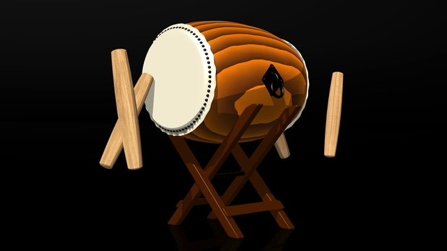 Loopable Asian Drum And Sticks On Black Background.Loop able 3D toon shading render Animation.