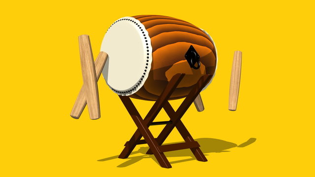 Loopable Asian Drum And Sticks On Yellow Background.Loop able 3D toon shading render Animation.