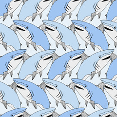 Cute sharks pattern. Nautical seamless print. Sea life vector illustration. Hand drawn background. Smiling shark background
