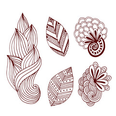 Creative nature collection in zentangle style. Hand drawn vector set with creative doodle flowers and leaves. For coloring page or mehndi tattoo design.