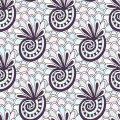 Doodling seamless pattern with seashells. Zentangle coloring page. Creative background for textile or coloring book in pastel colors.