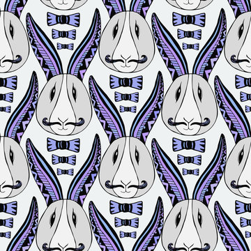 Hipster rabbits pattern. Vector zentangle creative repeating art. Seamless print for textile or wrapping paper.