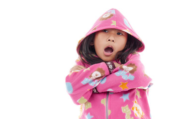 Asian girl in jacket with hood on white.