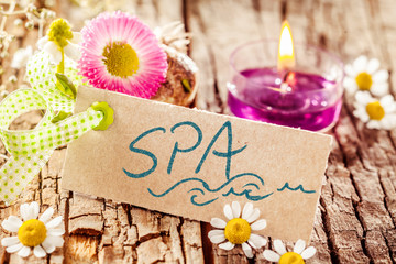 Spa sign on tree bark with flowers and candle