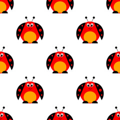 Seamless vector pattern with insects, symmetrical background with bright cute comic ladybugs, on the white backdrop. Series of Animals and Insects Seamless Patterns.