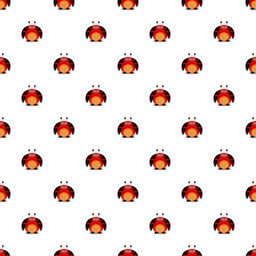 Seamless vector pattern with insects, symmetrical background with bright cute comic ladybugs, on the white backdrop. Series of Animals and Insects Seamless Patterns.