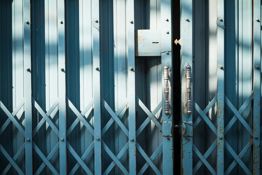 old blue steel door closed.