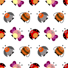 Seamless vector pattern with insects. Cute background with colorful comic butterflies, ladybugs, colorado beetles and bees. Series of Animals and Insects Seamless Pattern.