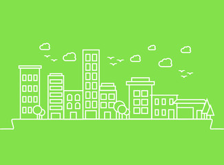 City buildings on green background. Vector