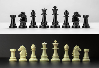 White and Black chess figures isolated on black and white background. Black and White Chess pieces are lined up. Set of chess figures.