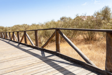 Road made of wooden planks with railing
