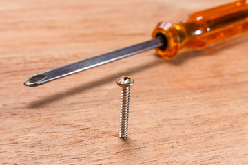 screwdriver on wood background