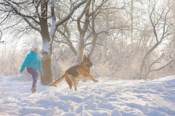 Girl trains her dog German Shepherd