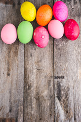 Easter eggs on wooden background, Selective focus.
