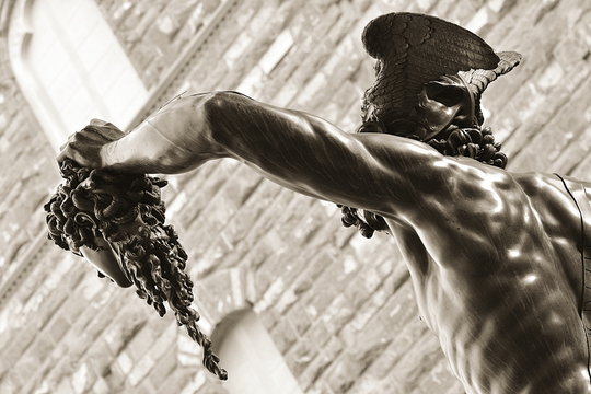 Perseo and Medusa, the famous statue in bronze of Cellini in Florence; the mythology in Italy.