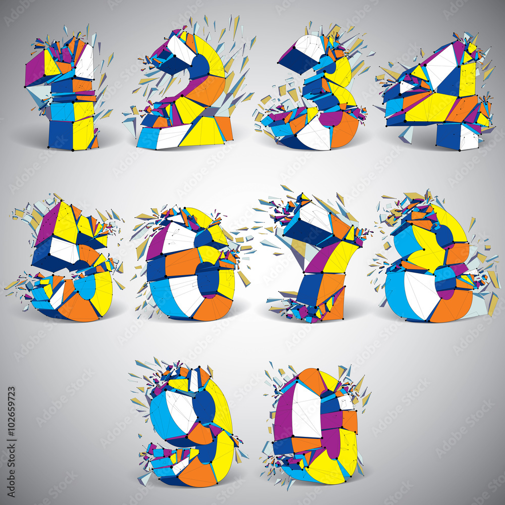 Poster set of abstract 3d faceted colorful numbers with connected lines