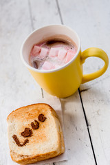 Love message on Bread sliced and chocolate cup and marshmellows