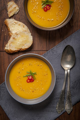 Sweet potatoes cream soup with ginger and croutons