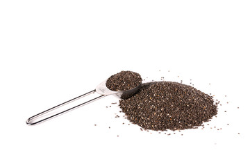 chia seeds in metal measuring spoon on white