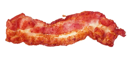 Poster Cooked bacon strip close-up isolated on a white background. © bestphotostudio