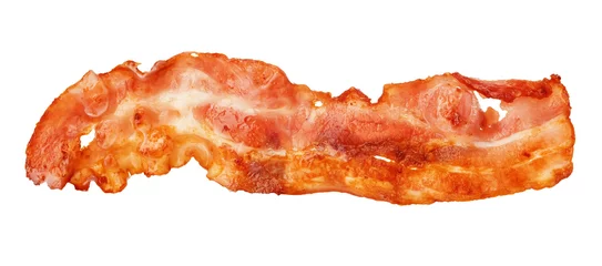Keuken spatwand met foto Cooked bacon strip close-up isolated on a white background. © bestphotostudio