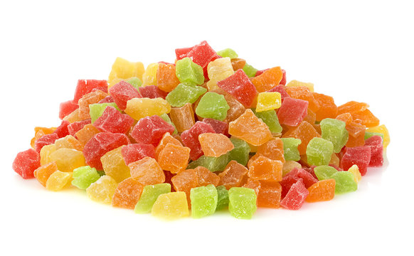 Multi-coloured sweet fruit candy close-up isolated on a white background. Succade.