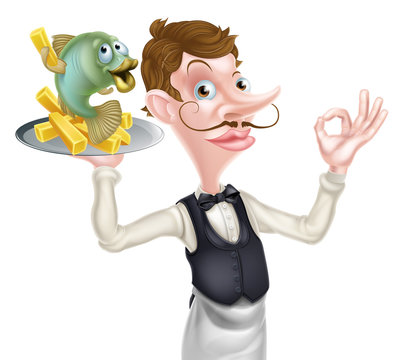 Cartoon Waiter Butler Fish and Chips