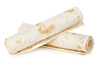 Wheat round tortillas close-up isolated on a white background. Lavash.