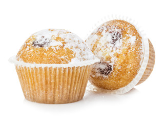 Blueberry muffins close-up isolated on a white background.