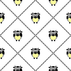 Seamless vector pattern with farm animals. Cute background with blue comic cows on the white backdrop. Series of Animals and Insects Seamless Patterns..