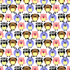 Seamless vector pattern with animals. Cute background with comic pigs, sheeps, dogs and cows on the white backdrop. Series of Animals and Insects Seamless Patterns.