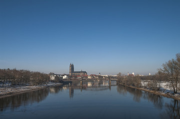 Old Cathedral and river Elba in Magdeburg, Autumn time