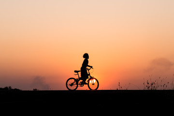 Naklejka na ściany i meble Silhouette of cyclist motion on sunset background