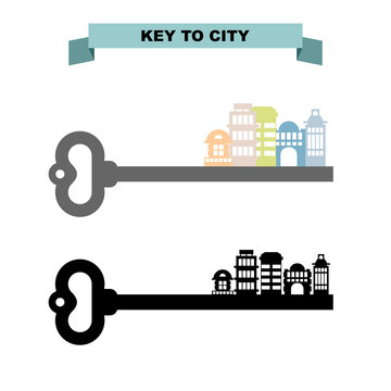 Key to sity. Vintage key and city buildings. Office skyscrapers
