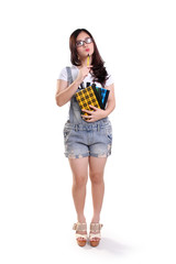 Imaginative school girl look up, full body isolated