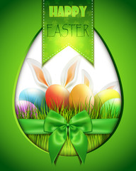 Easter background with eggs in grass and green ribbon.