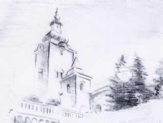 pencil sketch church, drawing on vintage paper.