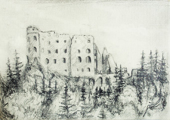 middle castle pencil drawing in forest, on old paper.