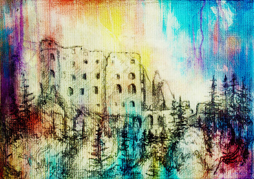 middle castle drawing on old paper and color spots.