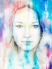 Drawing portrait Young woman with ornament on face, color painting on abstract background, computer collage. Eye contact.