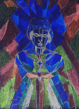 Painting on old paper. Mosaic color background. Joan of Arc symbolic. Warrior woman concept. Woman with sword.