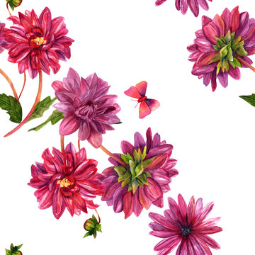 Seamless watercolor pattern with vintage style dahlias and butterflies