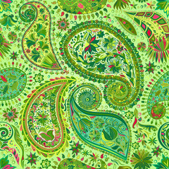 Vintage floral motif ethnic paisley seamless background. Abstract lace pattern. Ability to edit the colors, without losing seamlessly. Hand drawing colorful wallpaper. EPS-8 vector texture.
