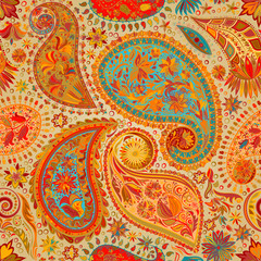 Vintage floral motif ethnic paisley seamless background. Abstract lace pattern. Ability to edit the colors, without losing seamlessly. Hand drawing colorful wallpaper. EPS-8 vector texture.

