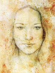 Fototapeta na wymiar Drawing portrait Young woman with ornament on face, vintage paper structure and sepia color. Eye contact. 